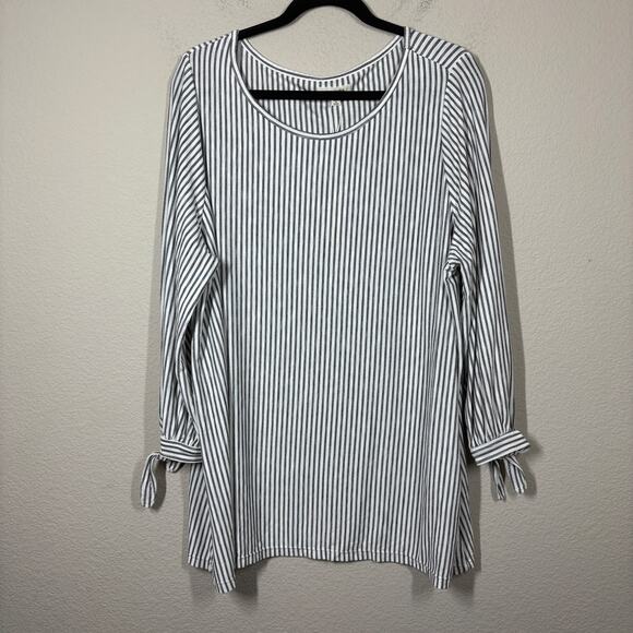 Max Studio Plus Size 2X Tunic Top White Stripe Crew Neck Tie Sleeves Comfy Flowy - Picture 2 of 9